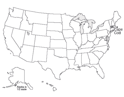 Map of U.S. with Cape Cod National Seashore highlighted in easternmost Massachusetts.